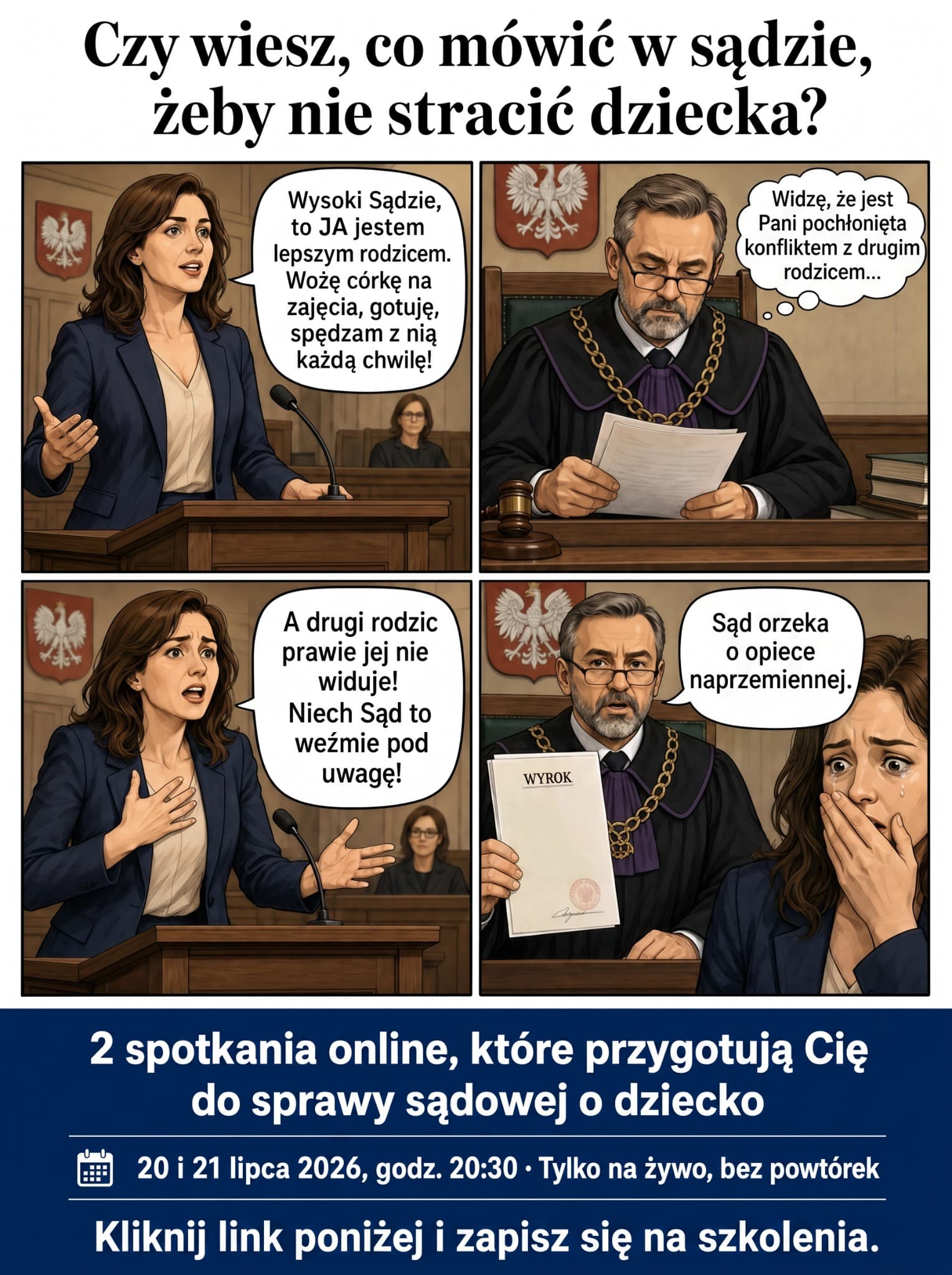 Kobieta w sądzie ad creative, July 2026